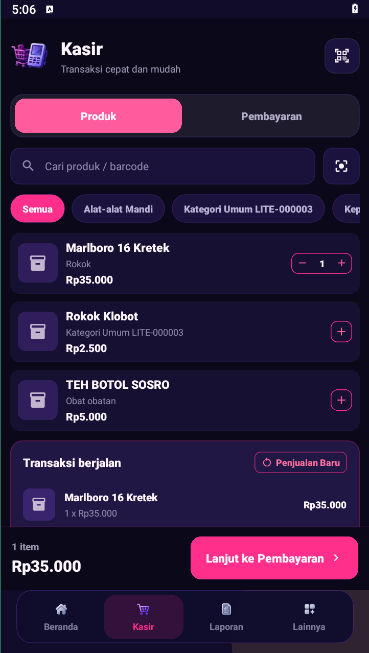 Layar kasir StoreMan POS Lite dengan daftar produk dan keranjang