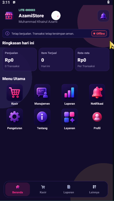 Dashboard aplikasi StoreMan POS Lite menampilkan ringkasan toko dan menu utama