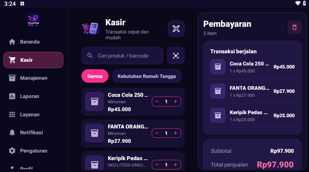 StoreMan POS Lite pada tablet Android menampilkan produk dan pembayaran dalam tampilan terpisah